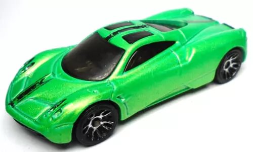Green diecast car with black racing stripes, 1:64 scale