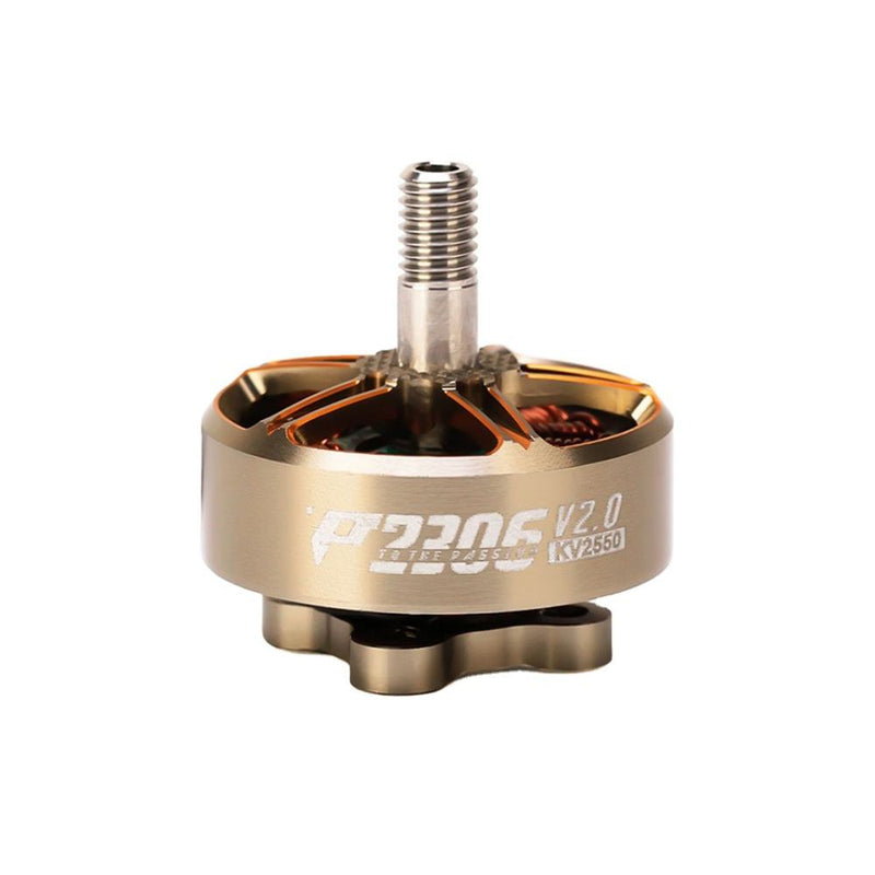 Drone FPV brushless motor with threaded shaft, bronze body and visible copper windings