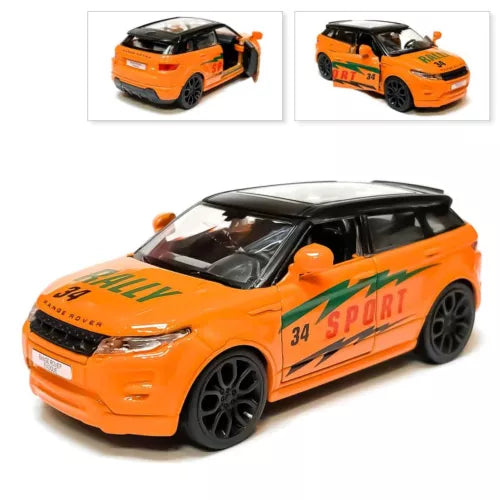 Orange diecast toy car with black wheels, front view, '34 Sport' graphics