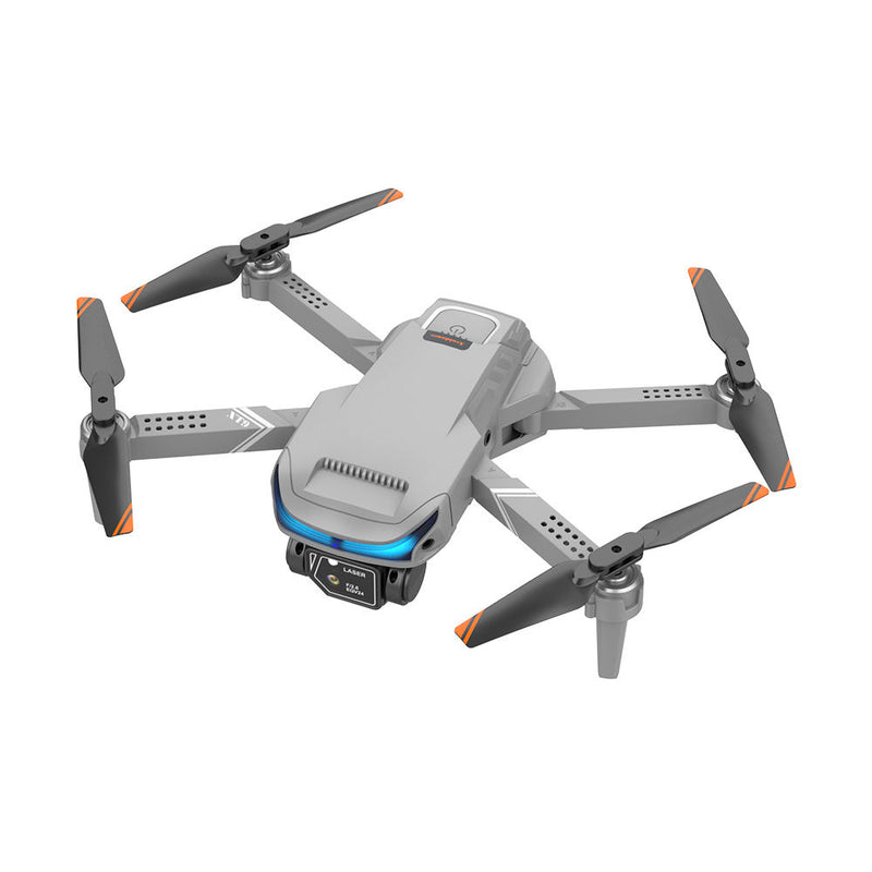 Mini kids drone toy with gray body, four propellers, and built-in camera module