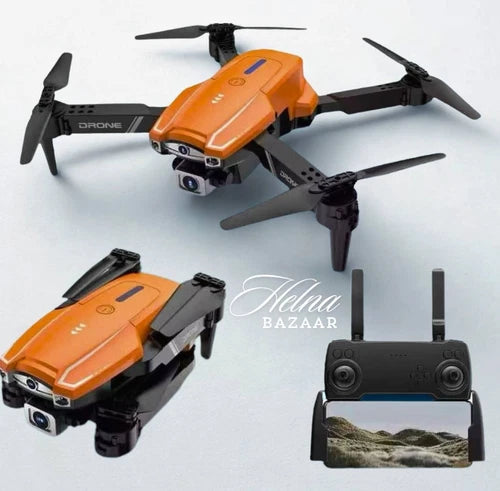 Orange foldable quadcopter drone with camera and propellers, shown with remote controller