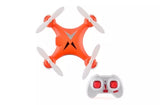Red mini quadcopter drone with four propellers and handheld remote controller