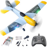 Toy RC airplane with yellow nose and blue wings, 3-blade prop; includes remote and parts.