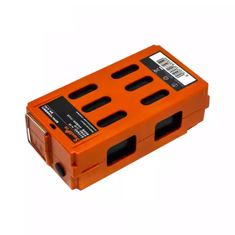 Rechargeable lithium drone battery pack with orange casing and identification label