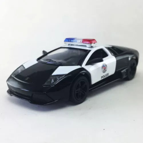 1:36 diecast police car model with black body, white stripe, roof light bar
