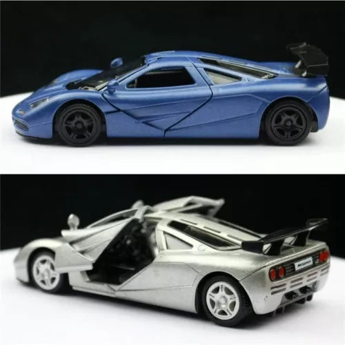 Alloy diecast racing model car, blue and white coupe