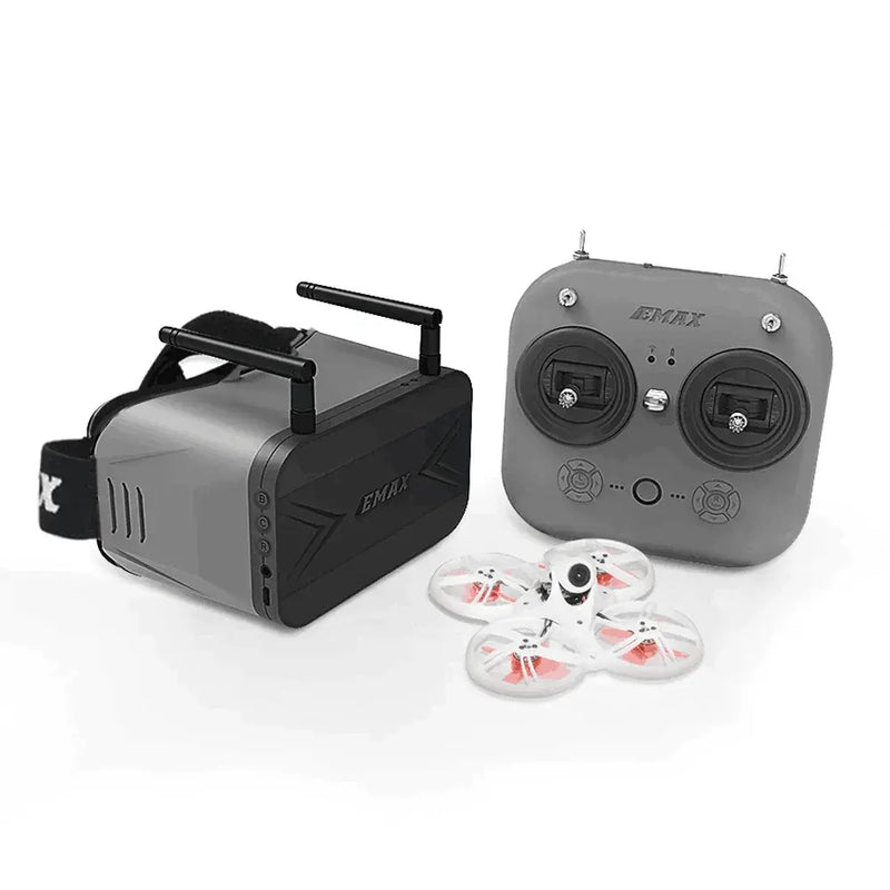 FPV racing drone kit with gray controller and small quadcopter with white/red propellers