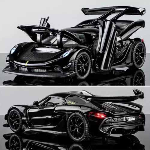 Black diecast sports car model with open-wheel design, front and rear angles