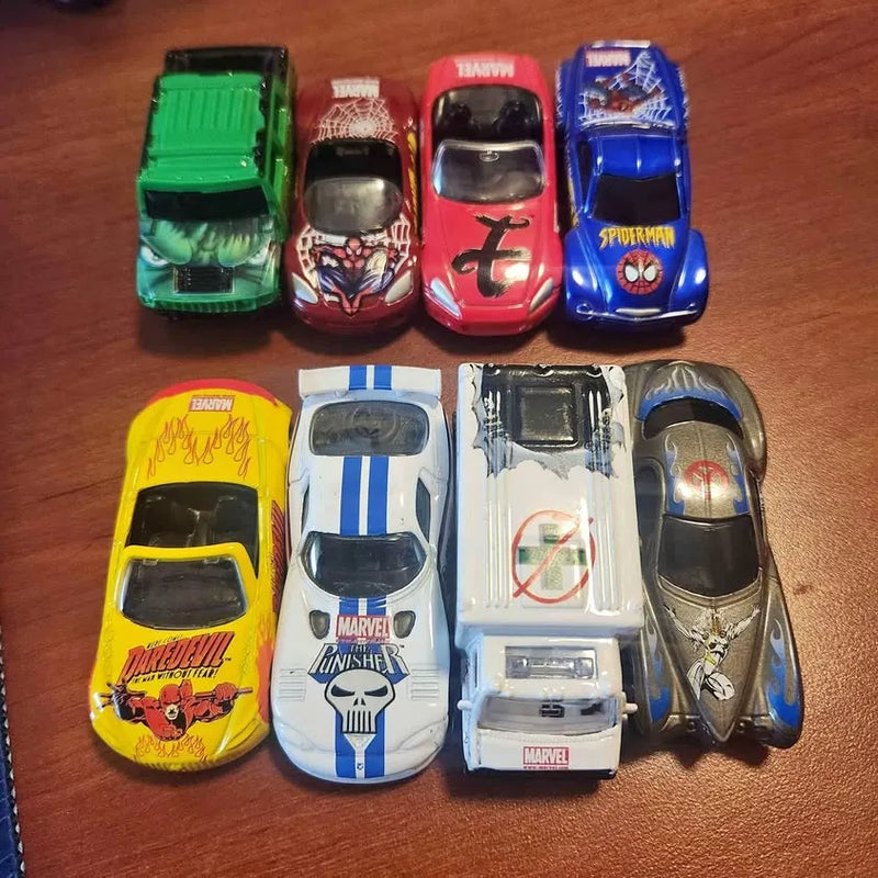 Diecast toy car set, eight small model cars in red, blue, green, yellow
