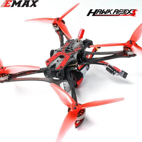 FPV racing quadcopter drone with black frame and red propellers