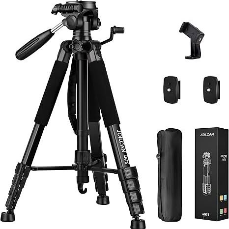 Black JOILCAN camera phone tripod with phone holder and carry bag, folded legs