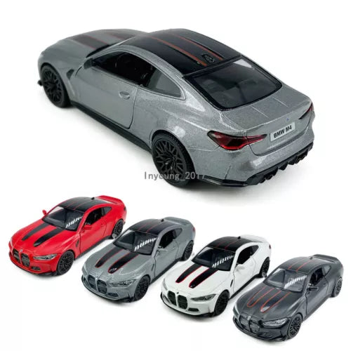 Diecast model sports car set: red, light gray, white, and dark gray with stripes