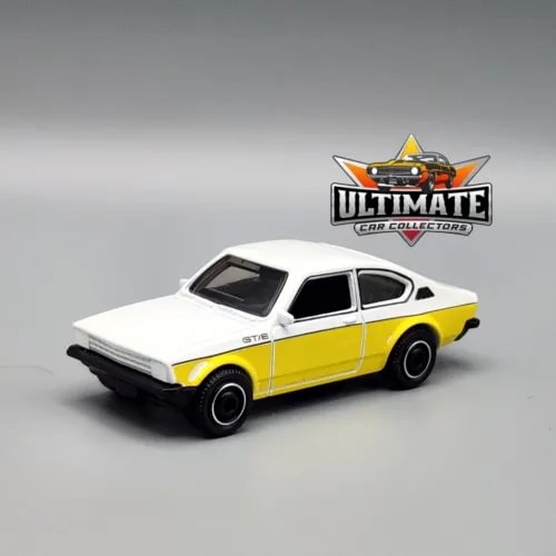 Two-tone white and yellow 1/64 diecast coupe model car, side view