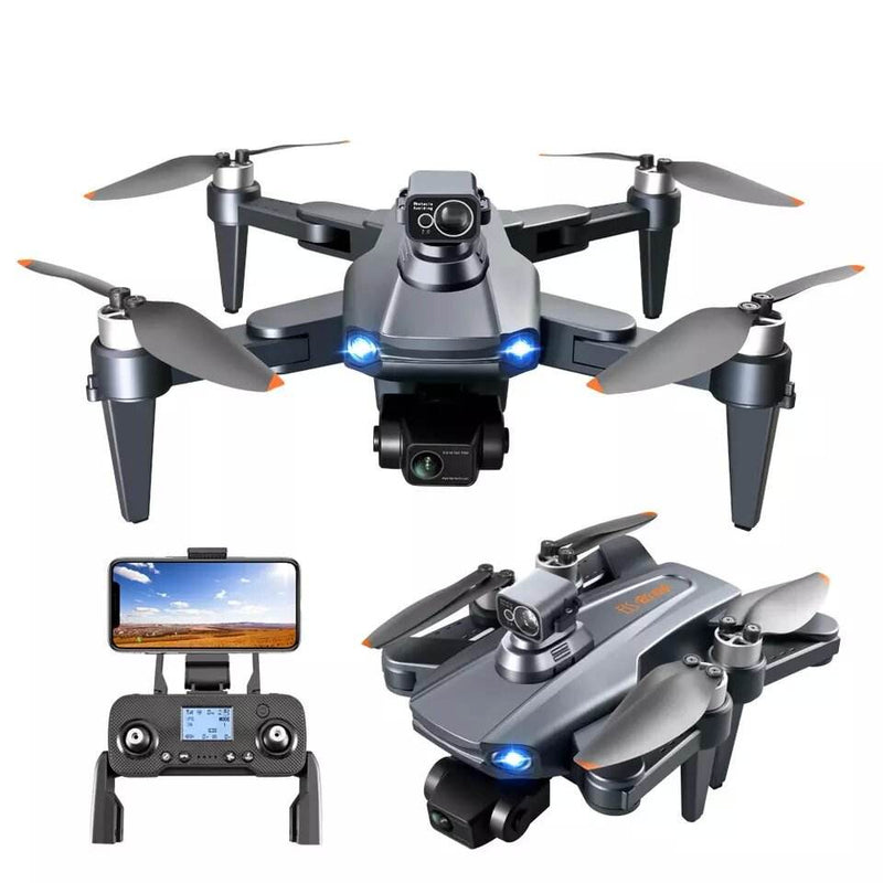 Foldable quadcopter drone with dual cameras and four propellers, dark gray