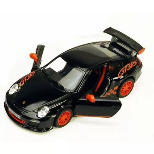 Black 1:36 diecast toy car with open doors, orange wheels and racing graphics