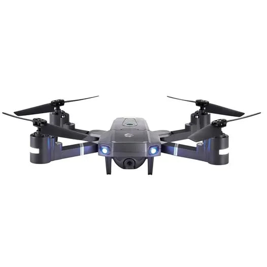Black quadcopter video drone with four propellers, front camera, and blue status lights