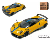 Yellow sports car diecast model with blue racing stripe and black wheels