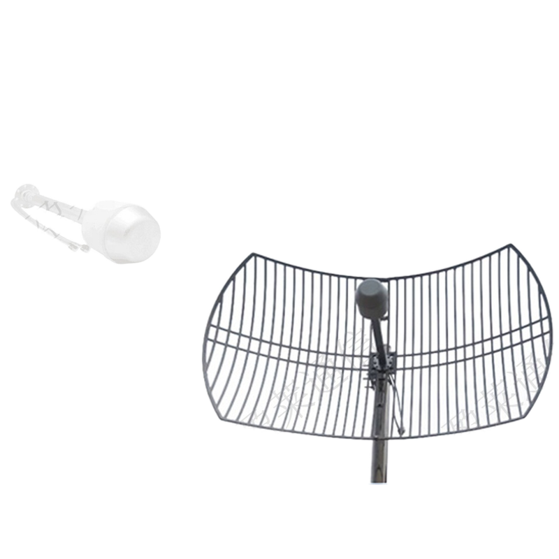 Grid antenna with white curved mesh reflector and central mounting mast