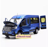Blue diecast V90 van model with front and side view, doors open