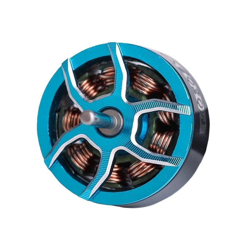 Brushless FPV drone motor with blue frame and copper coil windings