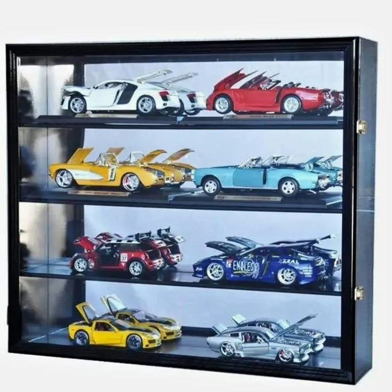 Diecast model car display case with four glass shelves and collectible cars inside