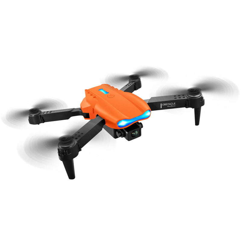 Orange foldable quadcopter drone with blue LED lights and four propellers