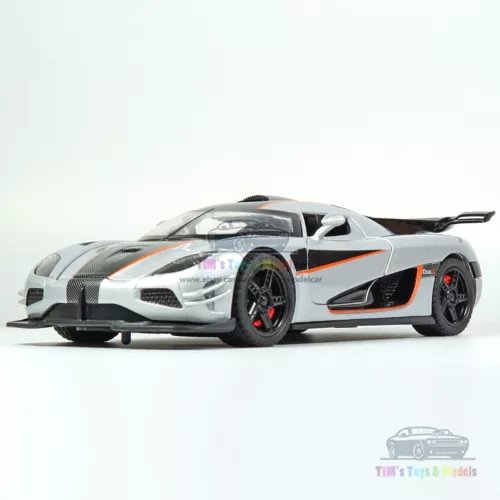 Silver diecast model car with orange racing stripe and black wheels, detailed body