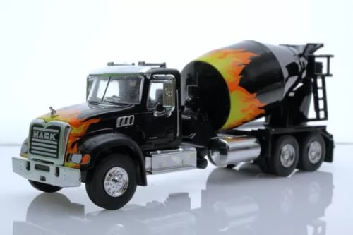 1:64 scale cement mixer truck diecast model, black cab with orange flame graphics