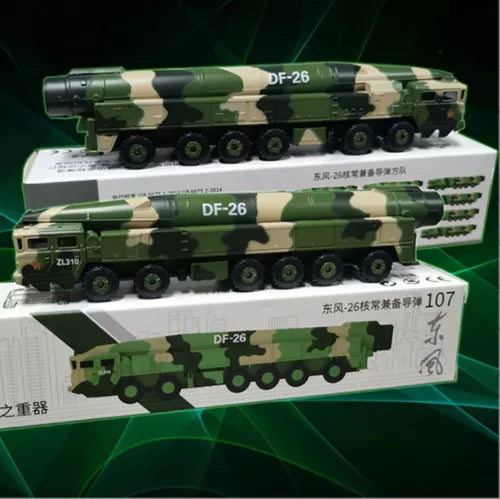 Camouflage missile launcher truck diecast model with green launcher tubes
