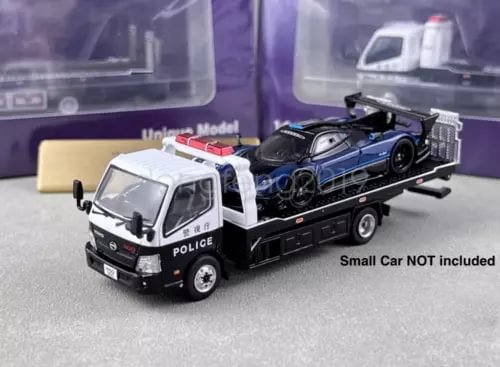 1:64 police tow truck diecast, white cab and black flatbed with crane details