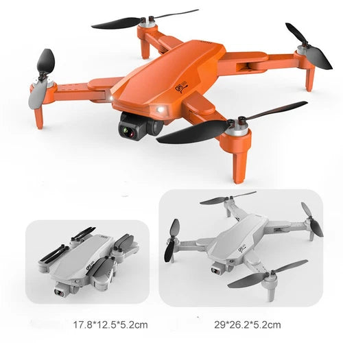 Orange toy drone with front dual camera and four propellers, remote-control style