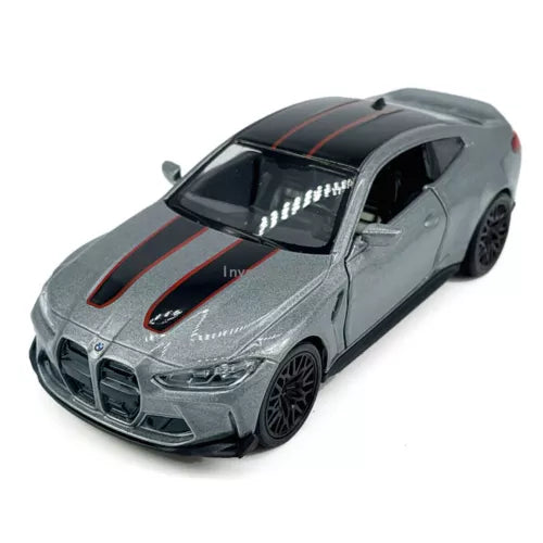 Gray diecast sports model car with black windows and red stripe accents