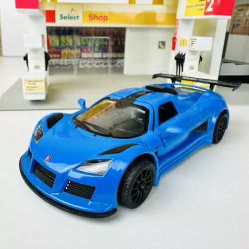 Blue 1:36 scale sports car diecast model with black front grille and wheels