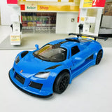 Blue 1:36 scale sports car diecast model with black front grille and wheels