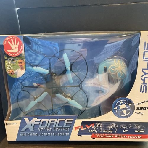 Hand-controlled quadcopter drone box with blue propeller drone artwork