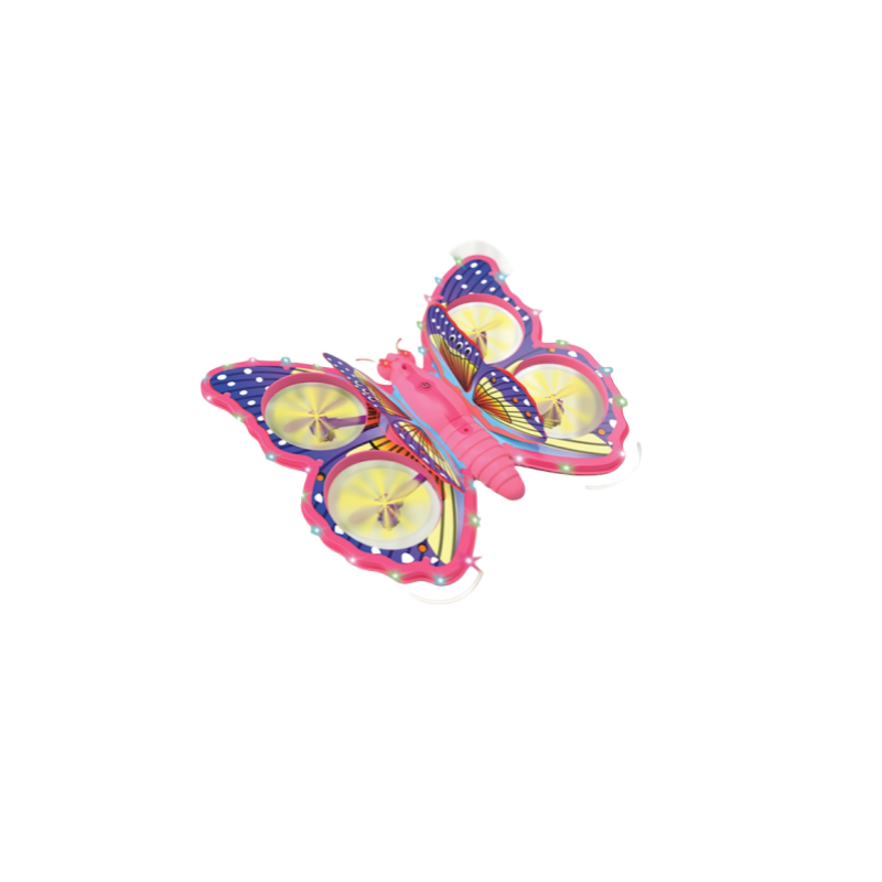 Butterfly RC mini drone toy with four propellers and pink, purple, yellow lights