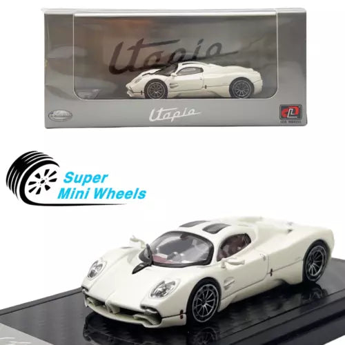 White diecast coupe model car with black wheels and side stripes on display base