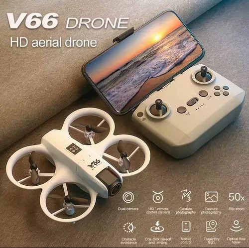 White FPV drone with camera and beige remote controller, phone screen displaying video