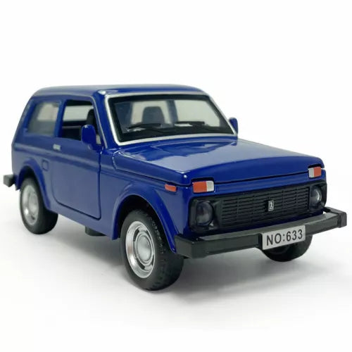 1:32 scale blue diecast model car with black grille and front bumper