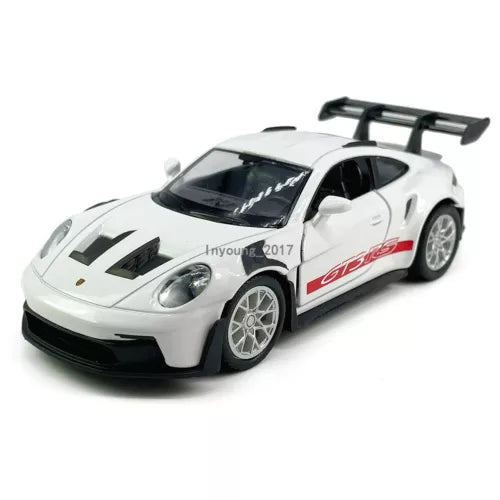 White diecast model car with black racing stripes and rear spoiler.