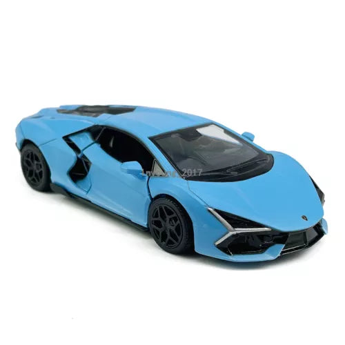 Blue diecast model car with black accents, angled front view