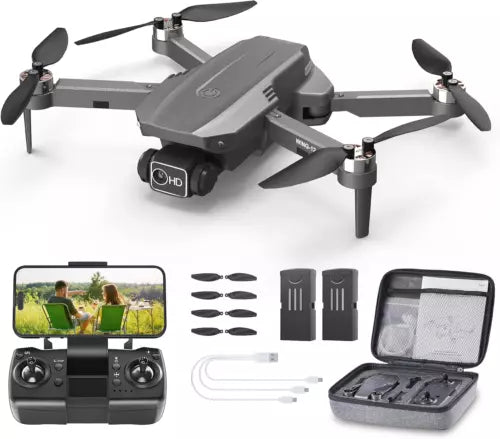 Gray quadcopter drone with 4-blade propellers and front camera, plus controller kit
