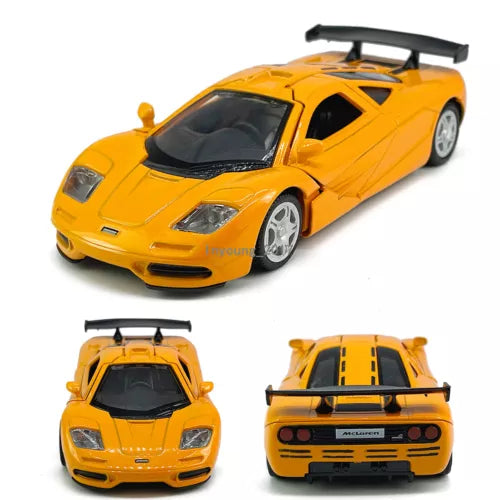 McLaren F1 orange pull-back diecast toy car, black spoiler, detailed wheels