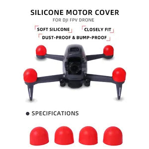 DJI FPV drone silicone motor covers, red caps on black frame, dust-bump protection