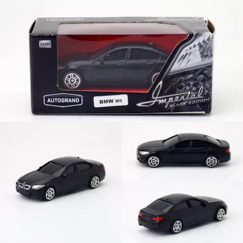 1/64 matte black BMW M5 diecast model car set, in box and loose angles