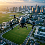 Foldable quadcopter drone with camera, dark blue body and four propellers