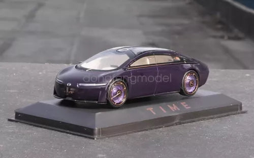 Diecast sports car model on display base, dark purple with purple wheel rims