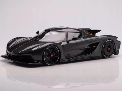 Diecast model sports car, dark gray with orange accents, 1:18 scale