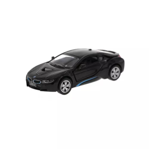 Black BMW i8 diecast model car, front three-quarter view with detailed wheels
