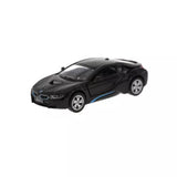 Black BMW i8 diecast model car, front three-quarter view with detailed wheels